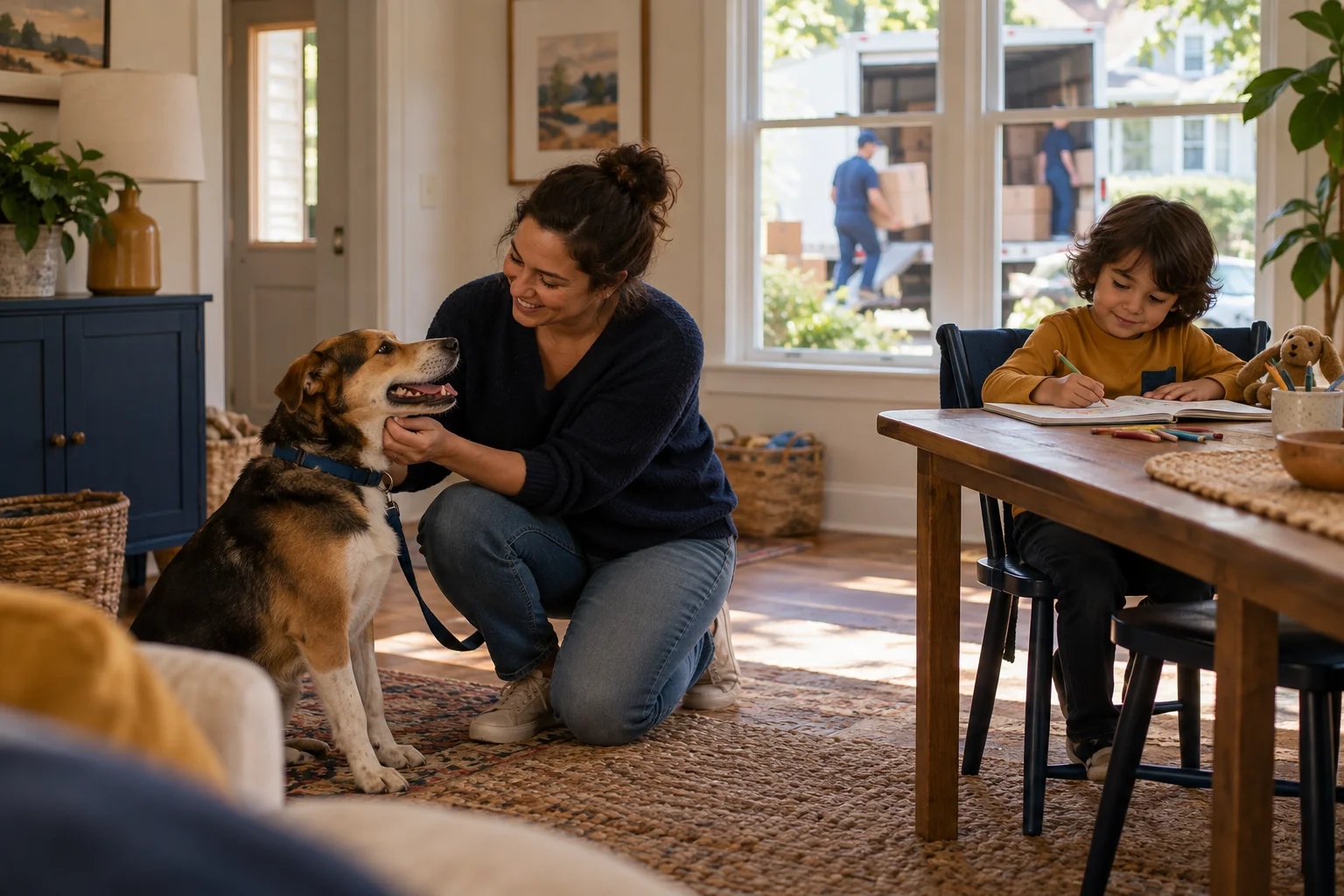 Scene illustrating coordinate care for pets and children on moving day