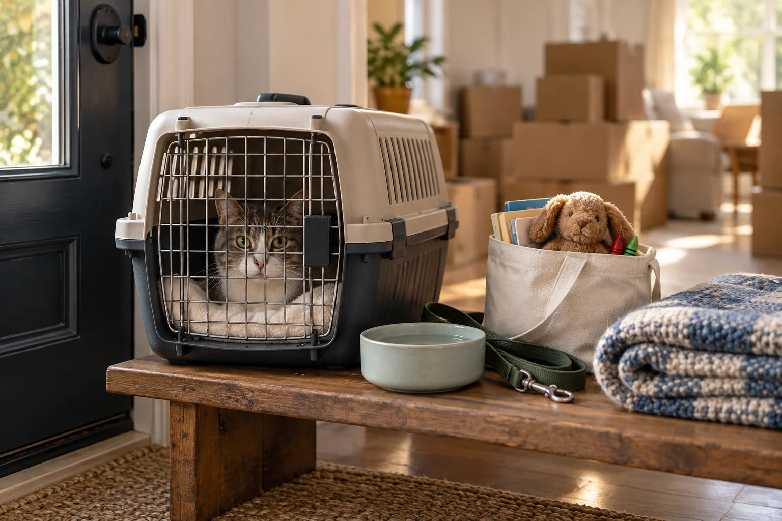 Detail illustrating coordinate care for pets and children on moving day