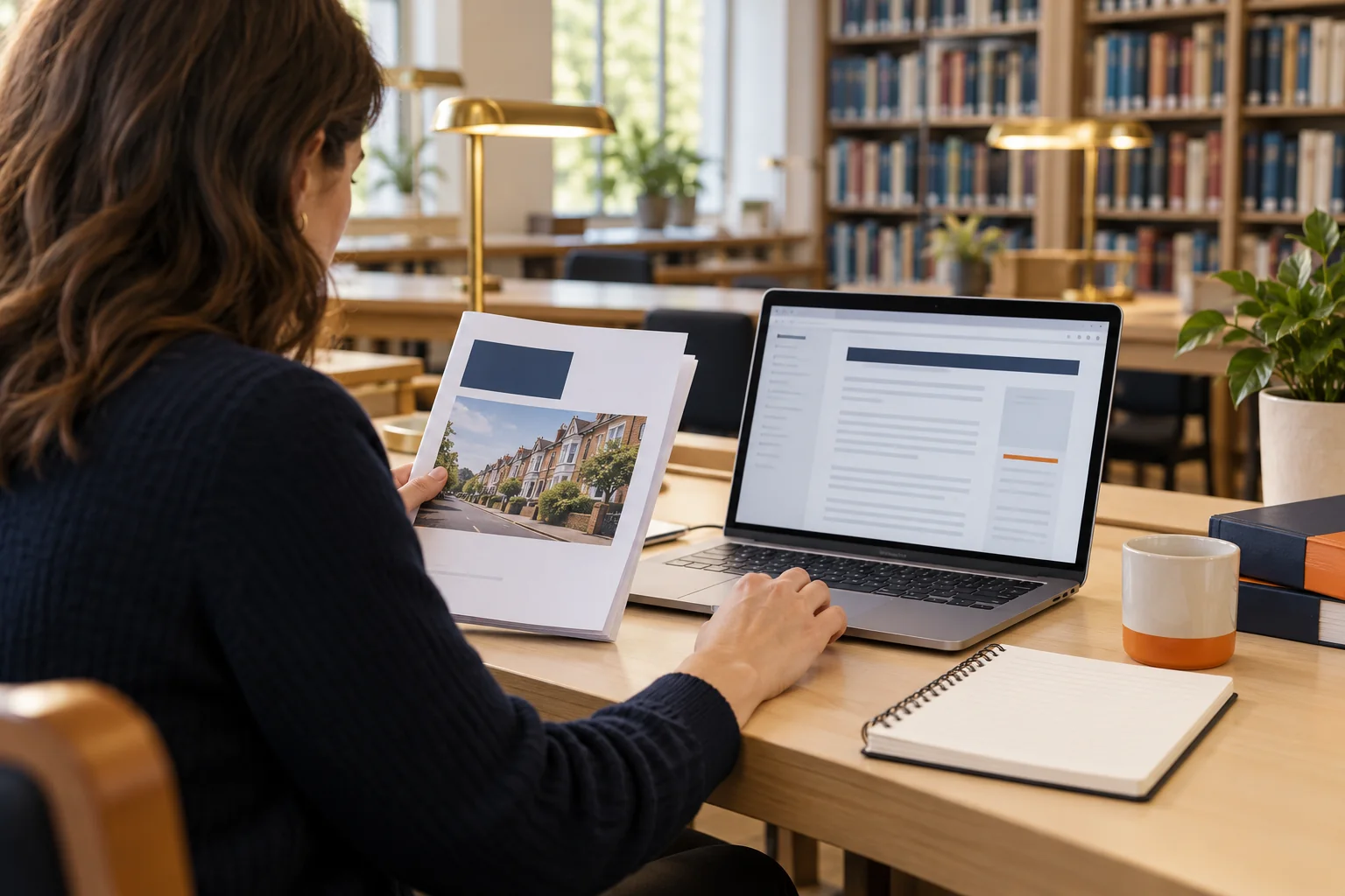 Editor reviewing source material at a library desk