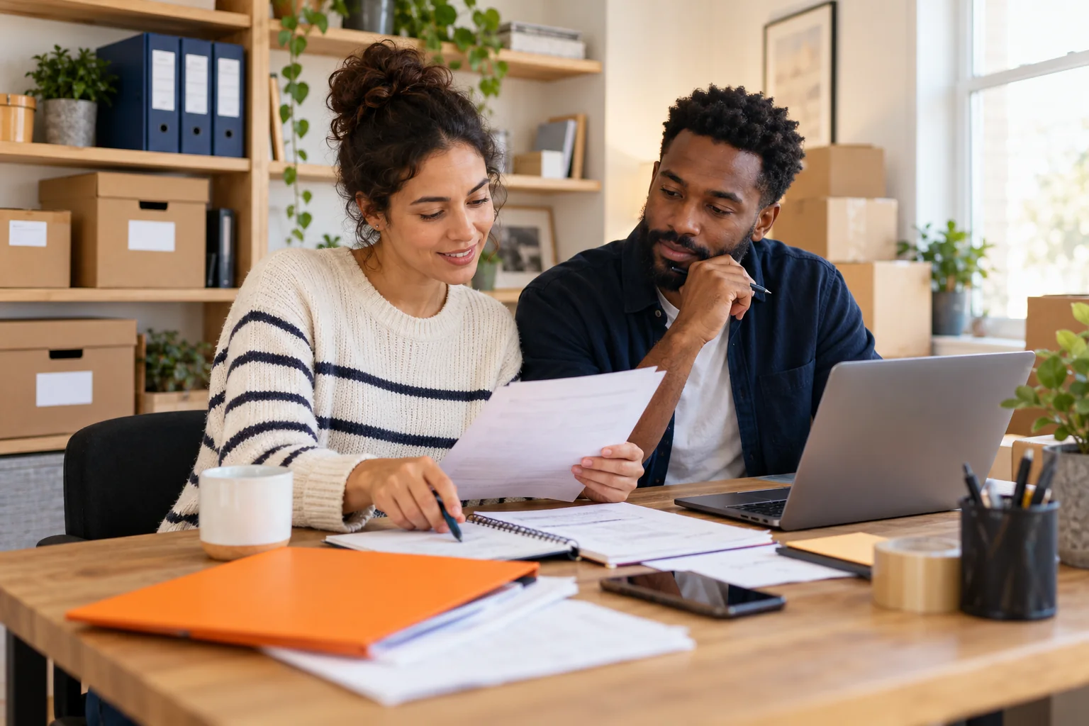 Two people reviewing moving notes in a home office