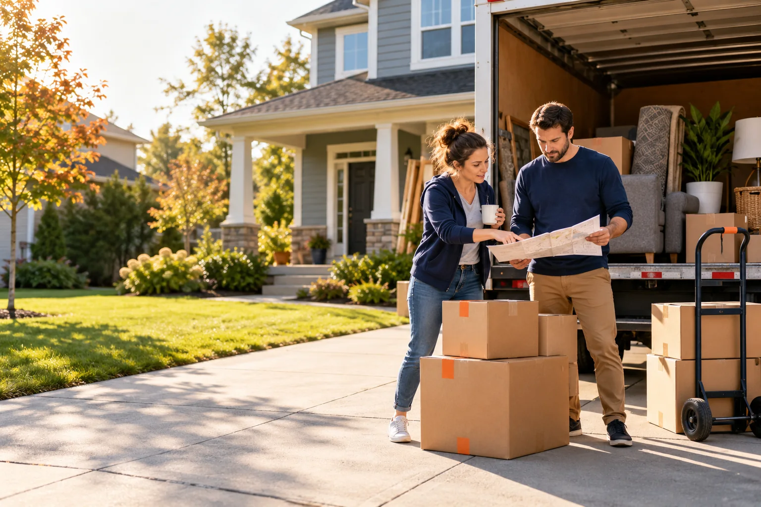 Two adults planning a household move beside a loaded truck
