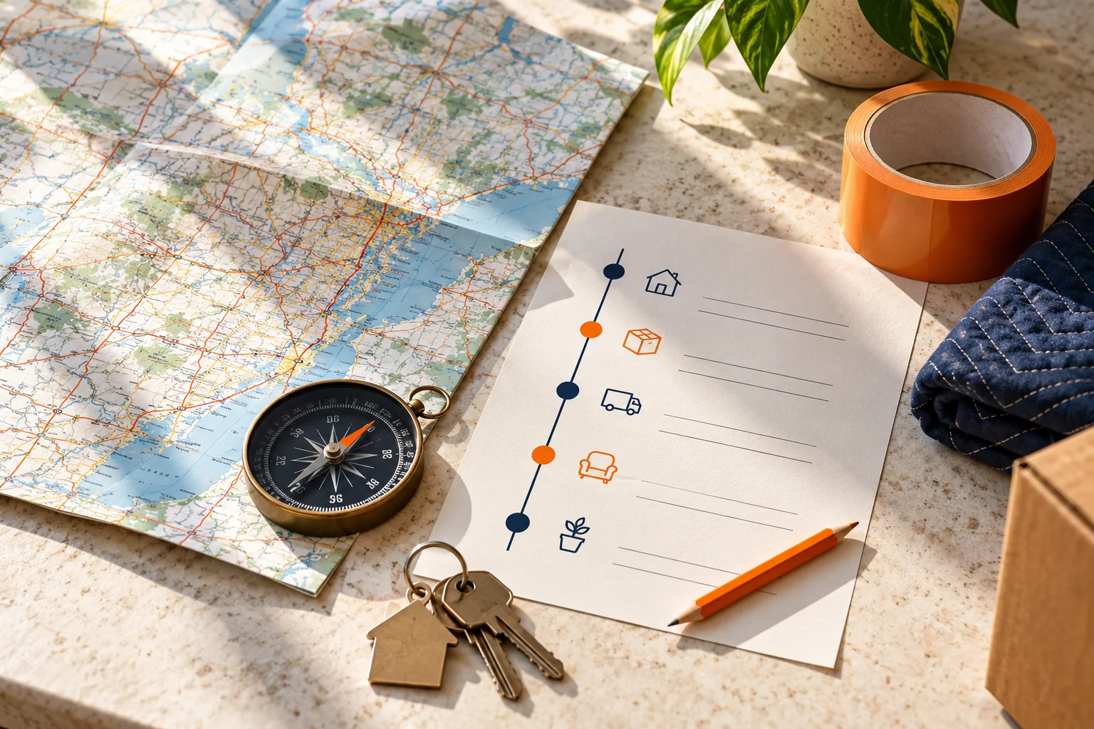 Compass, route map, keys and move timeline on a planning table