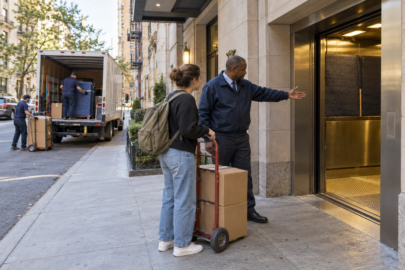 Scene illustrating plan access, parking, and elevator time